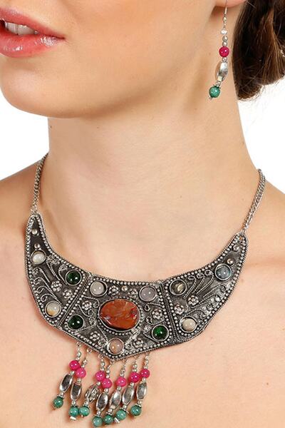 Rouge Women's Silver Moulin Natural Stone Decorated Alpaca Chain Necklace Earring Set