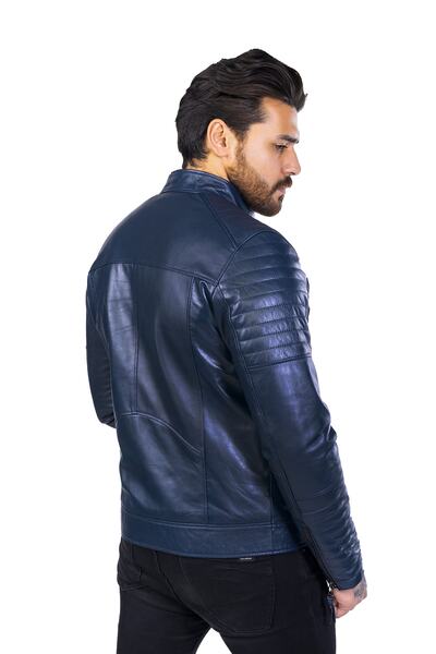 BATU DERİ Men's Genuine Leather Navy Blue Leather Jacket