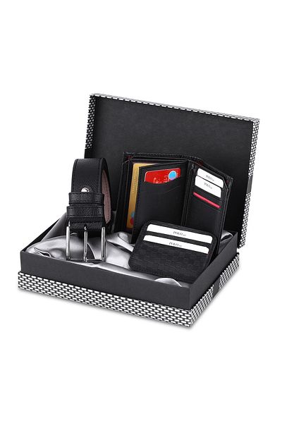 Polo Air Happy Birthday Written Checkered and Boxed Men's Set Belt Wallet Card Holder Combination Black