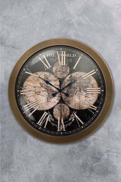 Kasva Concept Ceas de perete cu hartă a lumii din metal antic de 36 cm