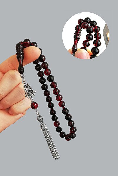 Modalyon Kırmızı Siyah Küre Kesim Kurt Başlı Ateşi Kehribar Tesbih Süpürge Vi...