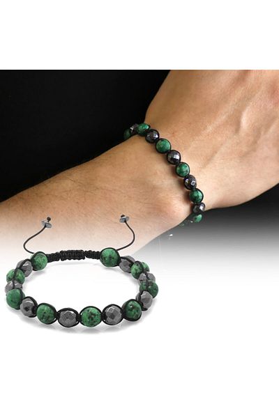 Tesbihane Macrame Braided Globe Cut Matte Green Ceyd-facetated Hematite Combination Natural Stone Bracelet