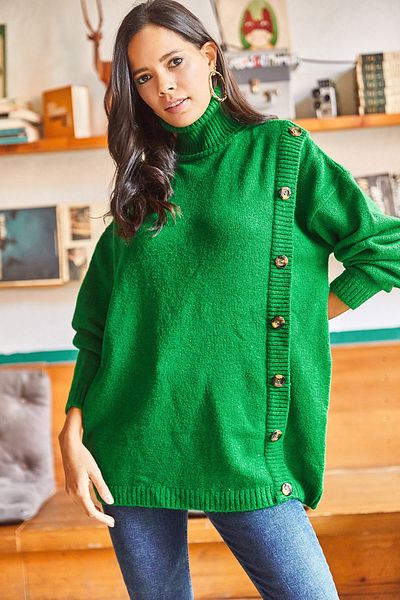 Olalook Women's Emerald Green Buttoned Side Soft Textured Oversize Pullover KZK-19000536