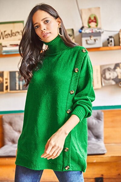 Olalook Γυναικείο πουλόβερ υπερμεγέθη με μαλακή υφή με κουμπιά σμαραγδένια πράσινα πλάγια KZK-19000536