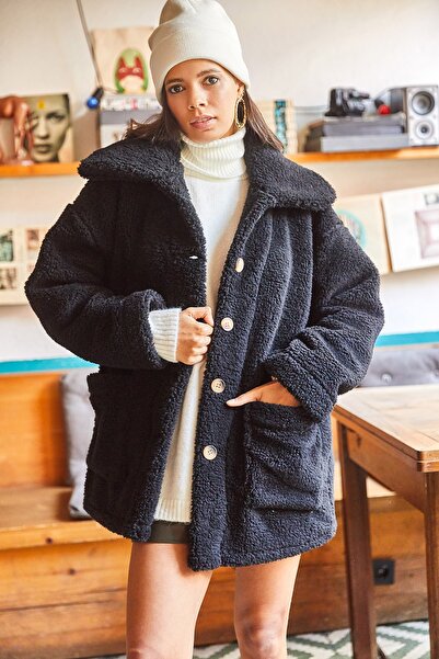 Olalook Jachetă neagră de pluș supradimensionată, fără căptușeală, cu buzunar cu nasturi CKT-19000328