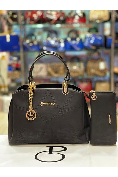 Pandora Bags Set geantă și portofel din piele nubuc neagră
