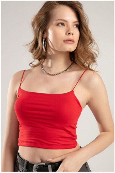 twomeey Γυναικείο κόκκινο, υφασμάτινο κροπ τοπ από βισκόζη με τιράντες (ΚΟΚΚΙΝΟ)