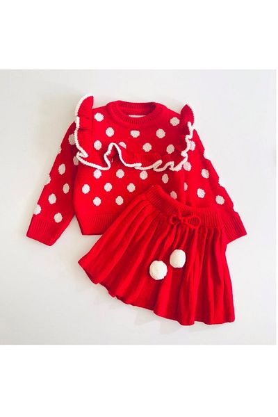 eladamoda Red Polka Dot Front Ruffle Detailed Girl's Skirt Knitted Set