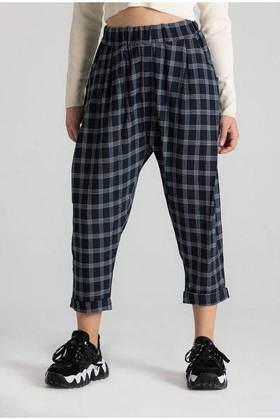 RUBYSTARS Navy Blue Elastic Waist Plaid Fabric Pocket Pleated Leg Detailed Shalwar Trousers