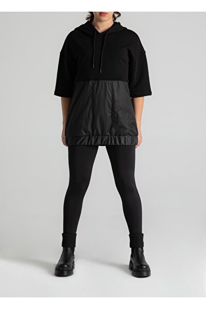 RUBYSTARS Siyah Kapüşonlu Bağcıklı Yarı Paraşüt Kumaş Eteği Lastikli Reglan K...