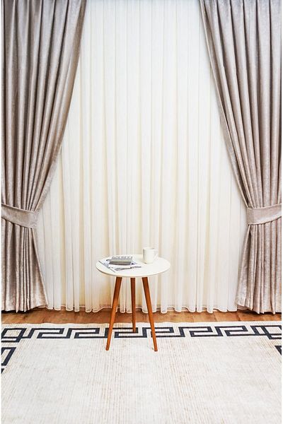 Yuka Trojan Beige Double Wing Medium Pleated Jacquard Satin Textured Background Curtain with Shiny Pattern 100 X 250