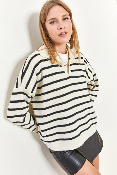 Bianco Lucci Pulover oversize tricot cu dungi cu gât polo de damă