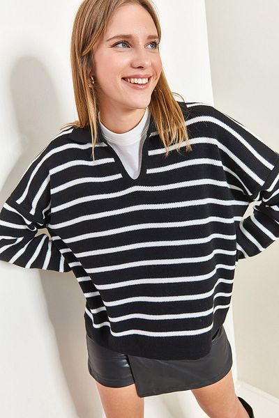 Bianco Lucci Schwarzer Oversize-Strickpullover mit gestreiftem Polokragen für Damen