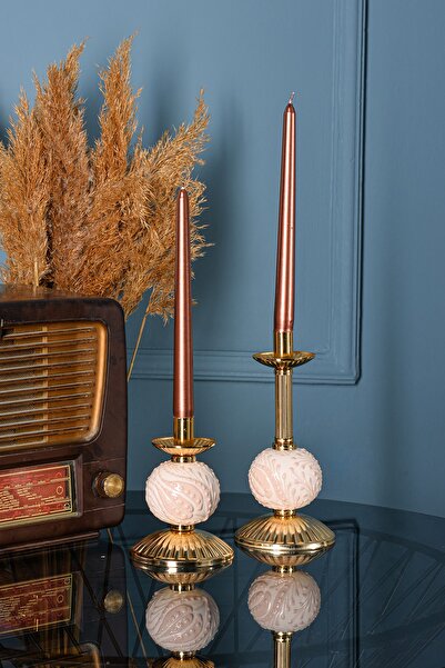 DEDE Ikili Krem Çinili Mumluk Gold Dekoratif Obje