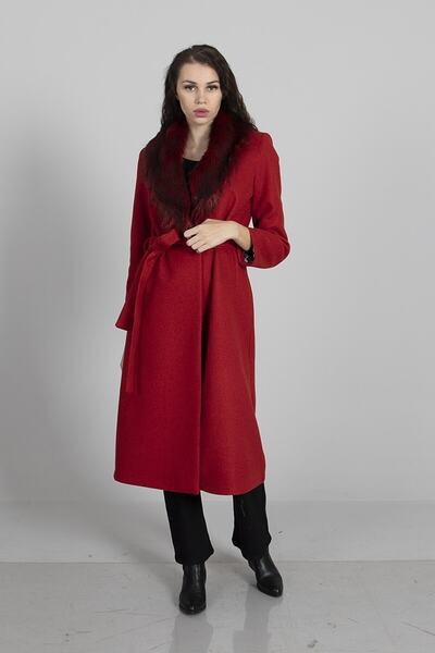 WeekJack Kadın Kemerli Içi Astarlı Kürklü Uzun Kaşe Kaban