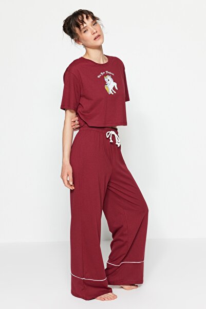 Trendyol Collection Burgundy Cotton Leisure Printed Piping Detail Knitted Pajamas Set Thmss21Pt0953