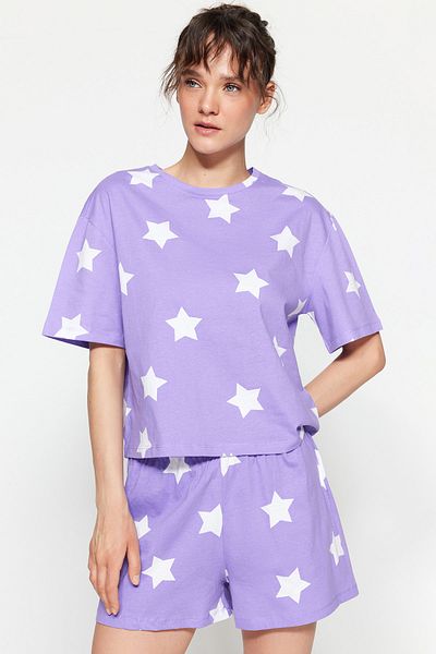 Trendyol Collection Sada pyžamových šortek z fialové bavlny s hvězdným vzorem - THMSS22PT0501