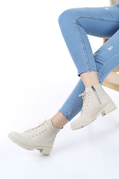 apelles Shoes Lace-Up Beige Leather Daily Women's Boots
