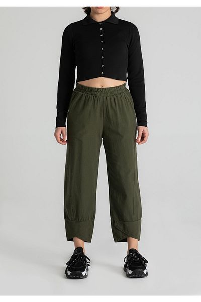 RUBYSTARS Khaki Thick Elastic Waist Comfortable Cut 100% Cotton Linen Look Trousers with Leg Detail