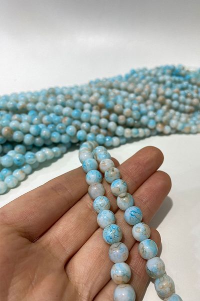 Hobigram مجموعة متنوعة من الخرز الزجاجي المزخرف باللون الأزرق الفاتح 8 مم - خرز، تصميم أنيق، إكسسوار نسائي - Bo