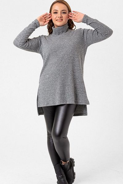 Laranor Gray Large Size Turtleneck Side Slit Blouse & Sweater