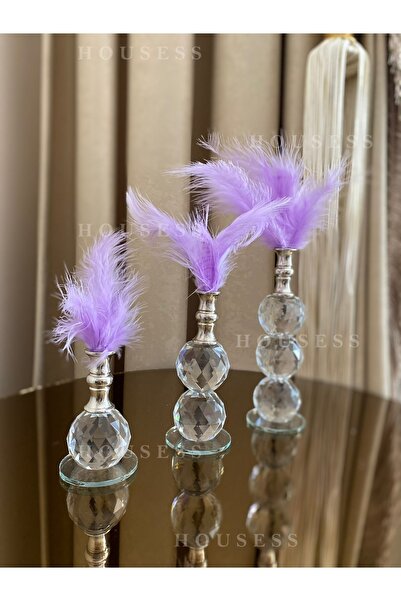 Housess 3'lü Lila Tüylü Gümüş Kristal Top Tüylük Dekor Biblo Süs