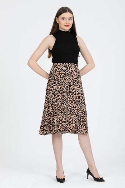 Gül Moda Flared Midi Skirt with Elastic Waist Leopard Pattern G102-3