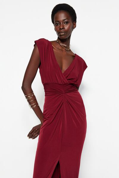 Trendyol Collection Burgundy Lined Long Evening Dress with Knitted Piping TPRSS22AE0034