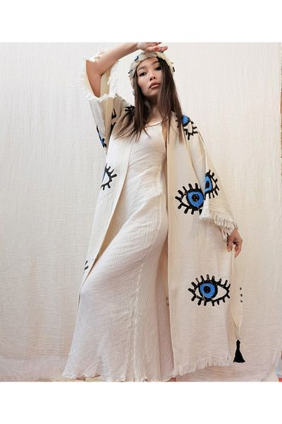 Su Koleksiyon Wooden Printed Eye Caftan - Eyed Patterned Caftan