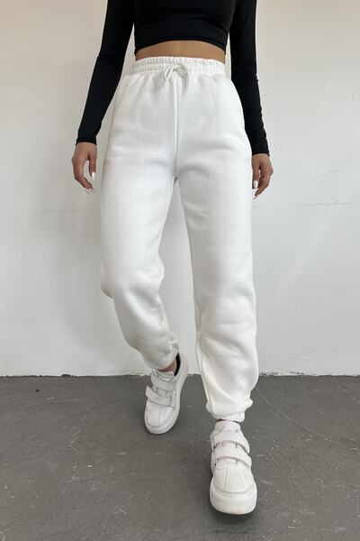 Sun Victoria Γυναικείο λευκό χειμωνιάτικο χοντρό φλις εσωτερικά ψηλόμεσο πόδι ελαστικό Basic Jogger φούτερ