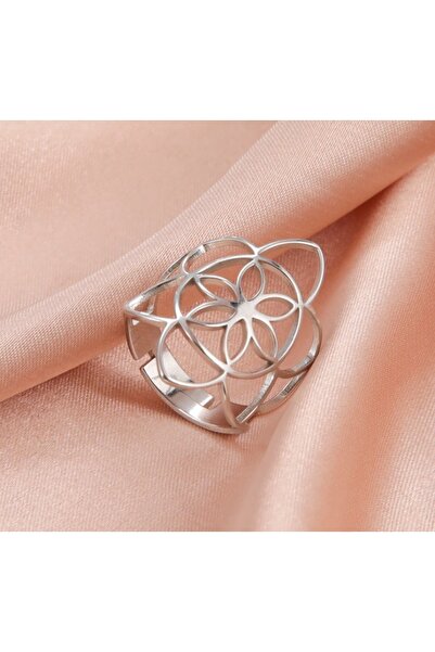 Simurg Aksesuar Adjustable Stainless Steel Flower of Life Silver Ring