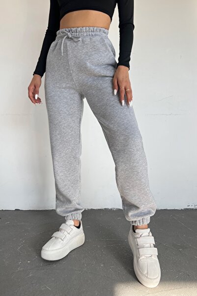 Sun Victoria Kadın Gri Kışlık Kalın Içi Polarlı Yüksek Bel Paçası Lastikli Basic Jogger Eşofman Altı