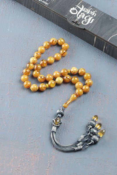 Tesbih Otağı Sphere Cut Fire Amber Rosary with Silver Tassels
