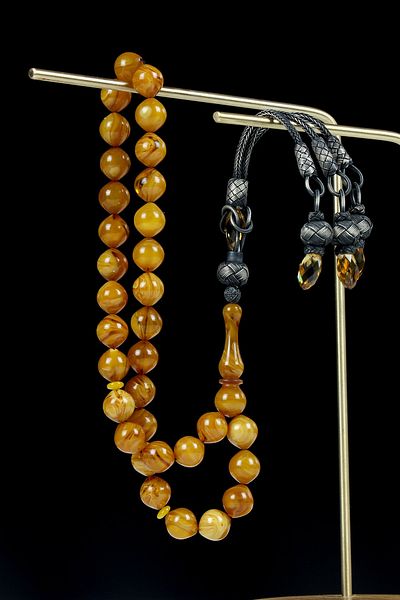 Tesbih Otağı Sphere Cut Fire Amber Rosary with Silver Tassels
