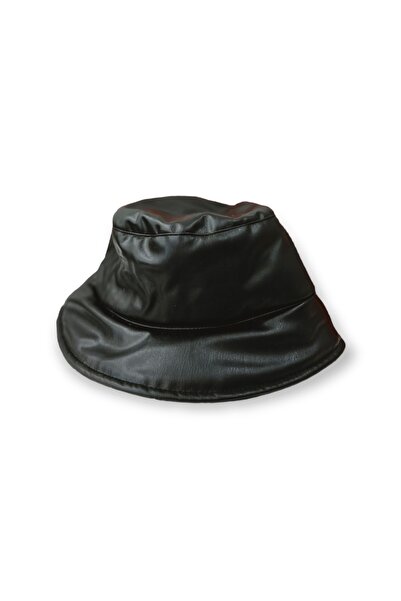 Asmani Siyah Deri Görünümlü Dolgulu Kışlık Kadın Bucket Şapka