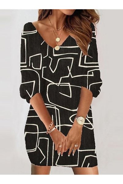 JANES Women's Long Sleeve V-Neck Printed Diving Fabric Dress