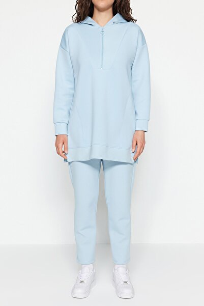 Trendyol Modest Soft Scuba Textured Light Blue Oversize Tracksuit Set - Zippered, Knitted TCTSS23EN00005