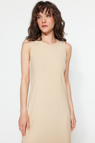 Trendyol Modest Μπεζ με κορδόνι πλεκτό αμάνικο φόρεμα - επένδυση Εσώρουχα TCTSS23EB00001