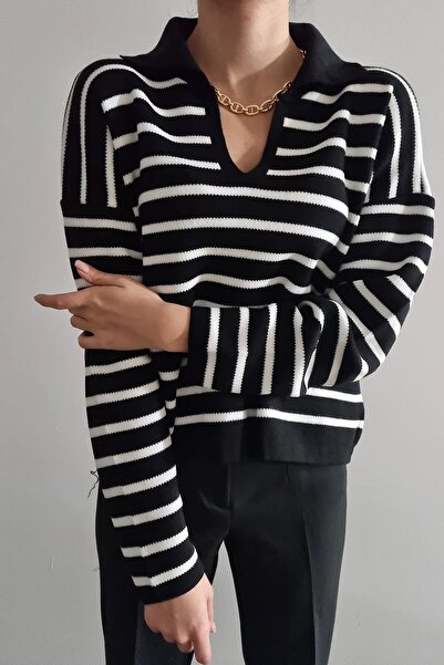 MODAGEN Pulover de damă negru cu gât polo cu mânecă lungă în dungi