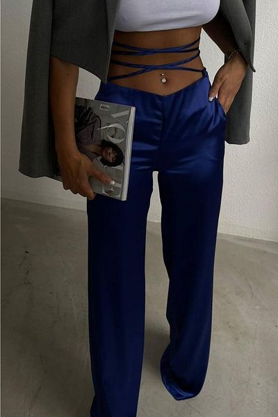 lovebox Women's Sax Waist Lace-Up Satin Trousers 9586