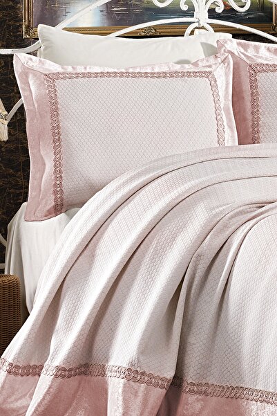 Evlen Home Collection Else French Lace Laced Double Bedspread Pique Set Bridal Dowry Set Powder (6 PIECES)