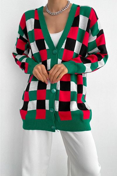 FEMELLE Cardigan de damă, cu decolteu în V, mărime standard, cu model, cu nasturi, tricotaje