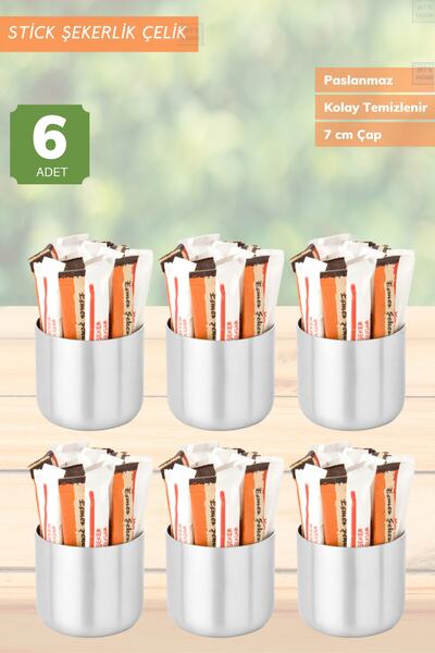 Jet's Home 6’ Lı Set Şeker Kabı Paslanmaz Stick Şekerlik Çelik 7 Cm Inox