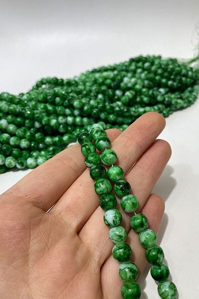 Hobigram Γυάλινες χάντρες με πράσινο μοτίβο γρασίδι 1 σειρά 8 mm – χάντρες, κομψό σχέδιο, γυναικείο αξεσουάρ – χάντρες