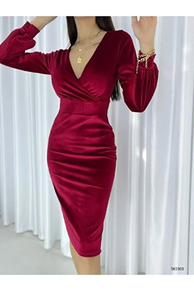 sarebutik Bordo Kruvaze Yaka Uzun Kollu Kadife Kumaş Midi Abiye Elbise