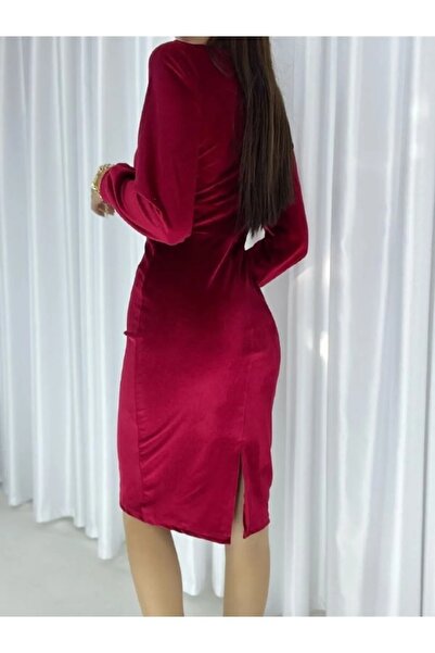 sarebutik Bordo Kruvaze Yaka Uzun Kollu Kadife Kumaş Midi Abiye Elbise