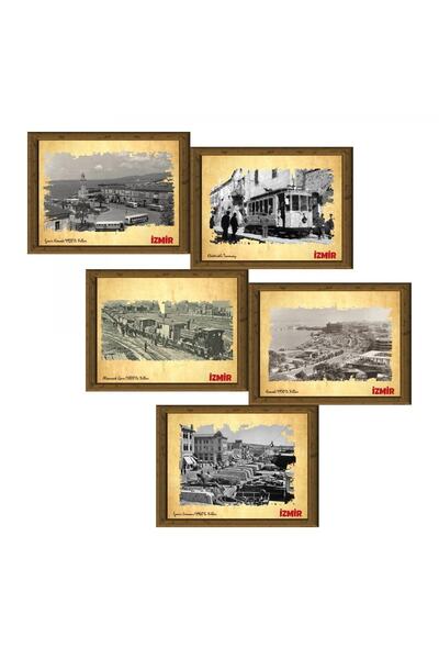 FourArts Eski Izmir 13,5x18 Cm Çerçeve Görünümlü 5'li Ahşap Tablo Seti, Siyah...