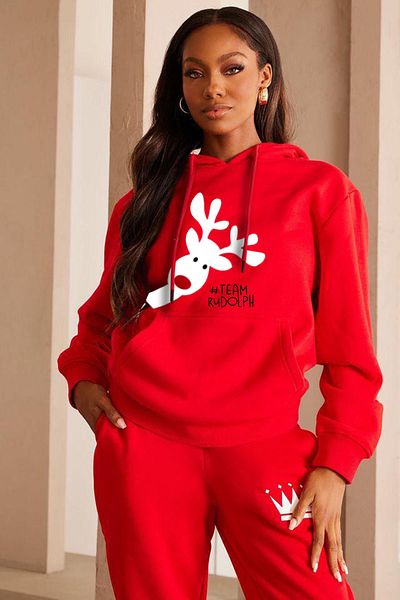 Buğraterzimoda Pregnant Deer Printed Christmas Hooded Red Sweatshirt