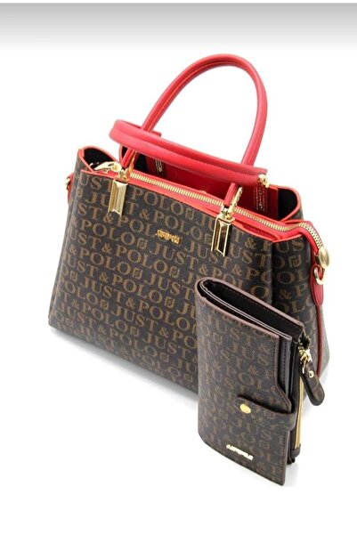 Just Polo مجموعة حقيبة ومحفظة نسائية باللون البني والأحمر مكونة من 5 أقسام