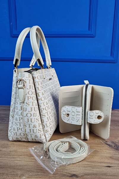 Just Polo طقم حقيبة ومحفظة كريمية للنساء من 5 أقسام